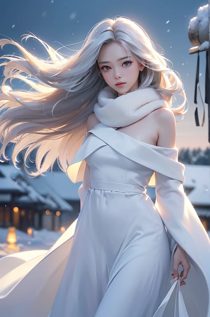 ((masterpiece:1.5、8k、Portraiture、Photorealistic and very detailed CG、Very detailed、Particle Effects、Dynamic Effects、Shallow depth of field、Cinematic Light、Lens flare、Ray Tracing、Tabletop、Realistic:1.4、Ultra-high resolution:1.2、Realistic、Realistic))((alone、,Woman wearing a white fur coat over an off-the-shoulder dress:1.4、wear a long scarf、Elegant woman posing、Detailed face、brightexpression、young, bright, Whiter skin、Ample breasts、Best Looks、Ultimate beauty、Shiny silver hair with highlights、bright and shiny hair,、Super long, Silky straight hair、Hair dancing in the wind))(morning、The setting is outdoors in the snow、Surrounded by illuminations)
