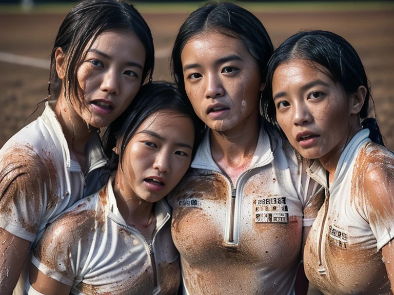 (Un uniforme de hockey sur gazon blanc uni à manches courtes et taché de saleté avec une demi-fermeture éclair blanche très serrée:1.7)、(Un large col carré blanc, fortement taché de terre: 1.8)、(Sol d&#39;argile rouge:1.5)、Mes cheveux sont mouillés et en désordre、(Belle femme japonaise entièrement recouverte de terre:2.0)、la plus haute qualité, chef-d&#39;œuvre, Ultra haute résolution, Photoréaliste, Photos brutes,Visage détaillé, (Fermeture ouverte: 1.8), (Tout le monde porte les mêmes vêtements:1.0), Tous les membres sont des super beautés, (Une photo commémorative de trois belles femmes japonaises blotties les unes contre les autres dans un état pitoyable: 1.7), (Cheveux attachés: 1.4), (expression épuisée: 1.9), photo lumineuse, (Tout mon corps est trempé de sueur: 1.6), (tout musclé: 2.4)
