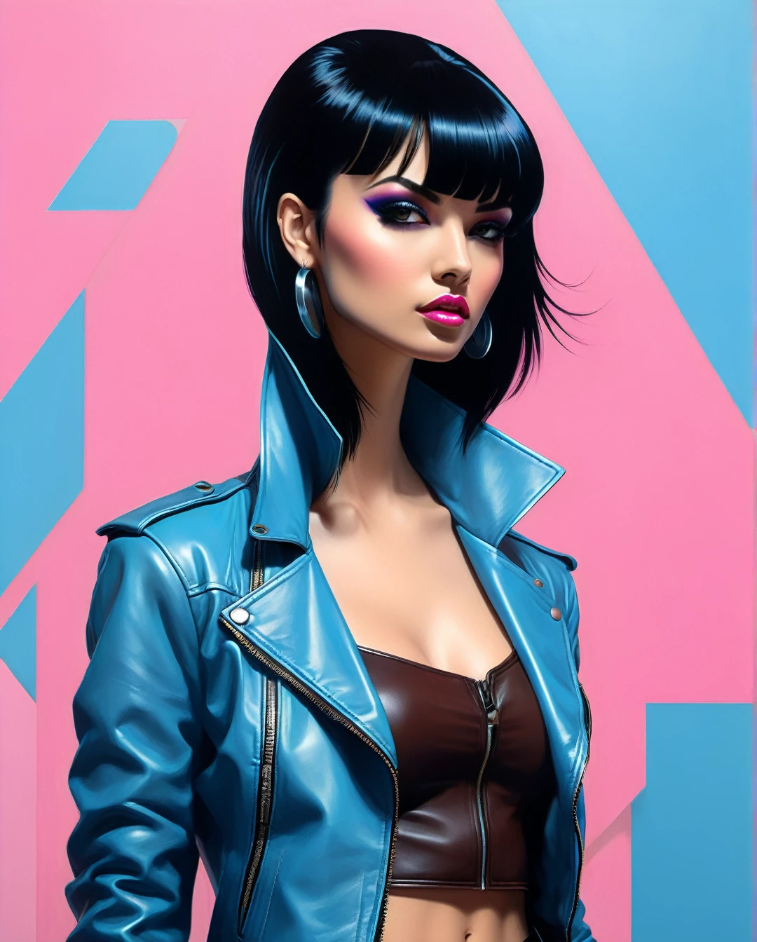 A mysteriously beguiling cyberpunk woman, her smooth black hair falls in a sleek cascade framing striking brown eyes, accentuated by a set of bold bangs. Clad in a stylish leather jacket over a vibrant pink t-shirt and light blue denim jeans, she exudes an air of retro-futuristic coolness. The 80's cyberpunk background serves as a perfect complement to her edgy aesthetic. This captivating portrait, whether a painting or photograph, is rich in detail, capturing every nuance of her enigmatic allure with extraordinary precision and artistry.