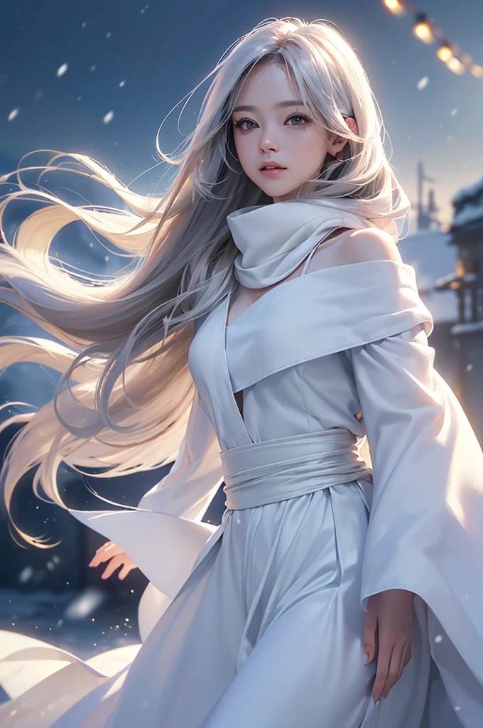 ((masterpiece:1.5、8k、Portraiture、Photorealistic and very detailed CG、Very detailed、Particle Effects、Dynamic Effects、Shallow depth of field、Cinematic Light、Lens flare、Ray Tracing、Tabletop、Realistic:1.4、Ultra-high resolution:1.2、Realistic、Realistic))((alone、,A woman wearing a white coat over an off-the-shoulder dress:1.4、wear a long scarf、Elegant woman posing、Detailed face、brightexpression、young, bright, Whiter skin、Ample breasts、Best Looks、Ultimate beauty、Shiny silver hair with highlights、bright and shiny hair,、Super long, Silky straight hair、Hair dancing in the wind))(morning、The setting is outdoors in the snow、Surrounded by illuminations)
