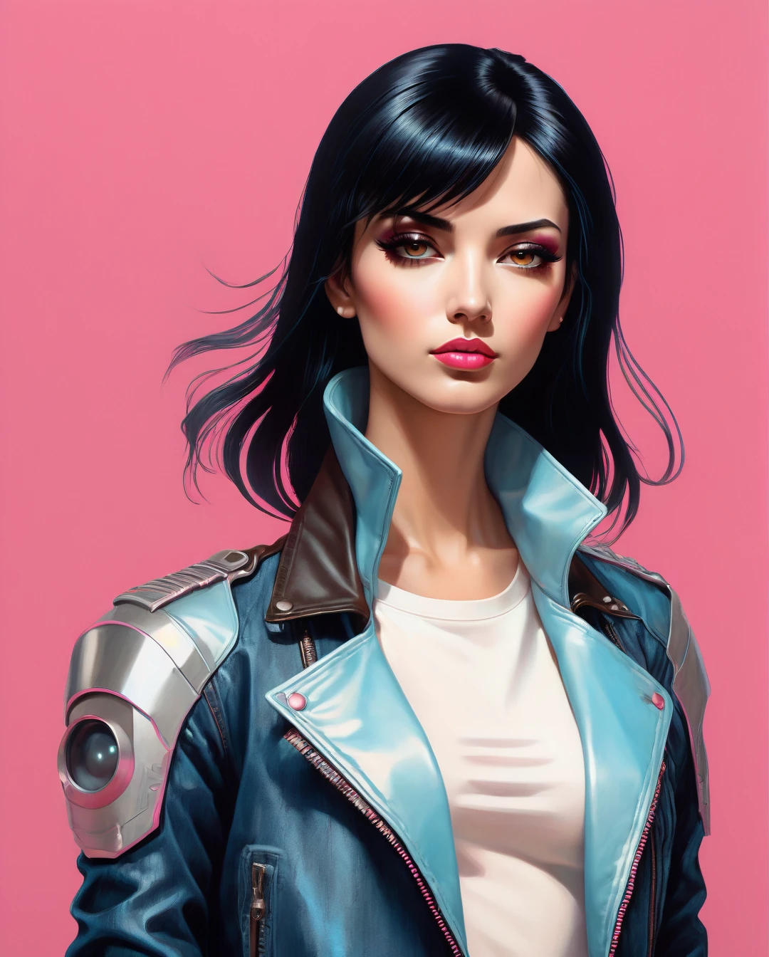 A mysteriously beguiling cyberpunk woman, her smooth black hair falls in a sleek cascade framing striking brown eyes, accentuated by a set of bold bangs. Clad in a stylish leather jacket over a vibrant pink t-shirt and light blue denim jeans, she exudes an air of retro-futuristic coolness. The 80's cyberpunk background serves as a perfect complement to her edgy aesthetic. This captivating portrait, whether a painting or photograph, is rich in detail, capturing every nuance of her enigmatic allure with extraordinary precision and artistry.