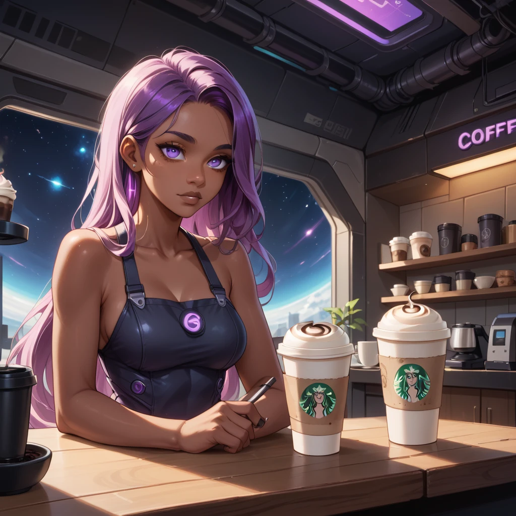 futuristic girl, dark skin, purple colored eyes, space, purple hair, blue hair, pink hair, long hair, dark skin, futuristic coffee shop