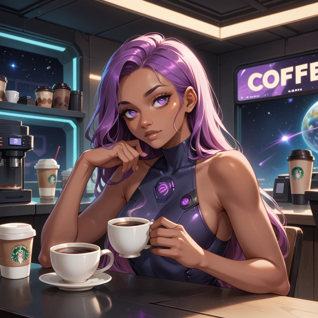 futuristic girl, dark skin, purple colored eyes, space, purple hair, blue hair, pink hair, long hair, dark skin, futuristic coffee shop