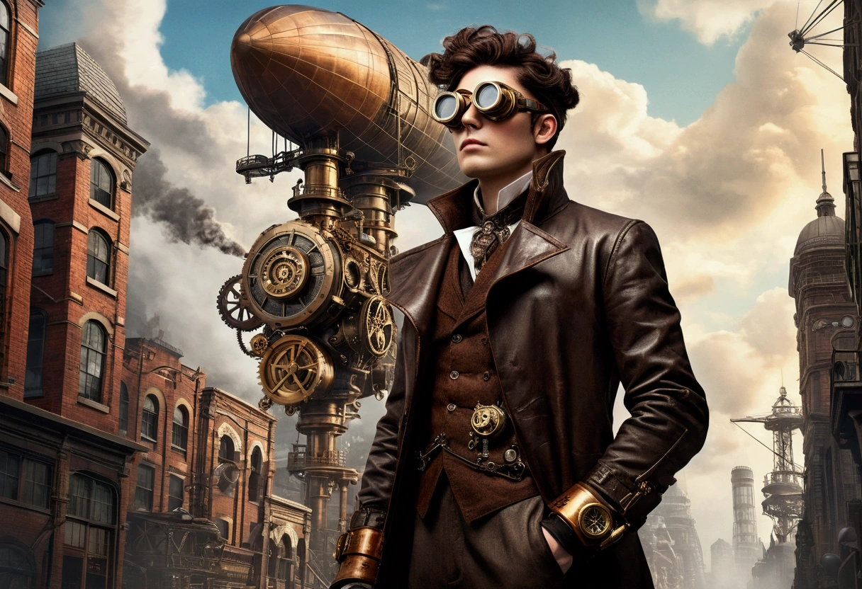 Edificios imponentes decorados con engranajes y tuberías de vapor.、Un impresionante paisaje urbano steampunk, Dirigible en el cielo, Una persona que viste ropa victoriana y accesorios steampunk.々calles bulliciosas. Presentamos a un personaje central con un abrigo de cuero., gafas de latón, brazo mecanico, De pie con confianza en el contexto de la Revolución Industrial.