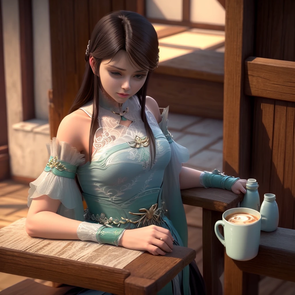 a wanman sits on a chair in a traditional stall, drinking coffee