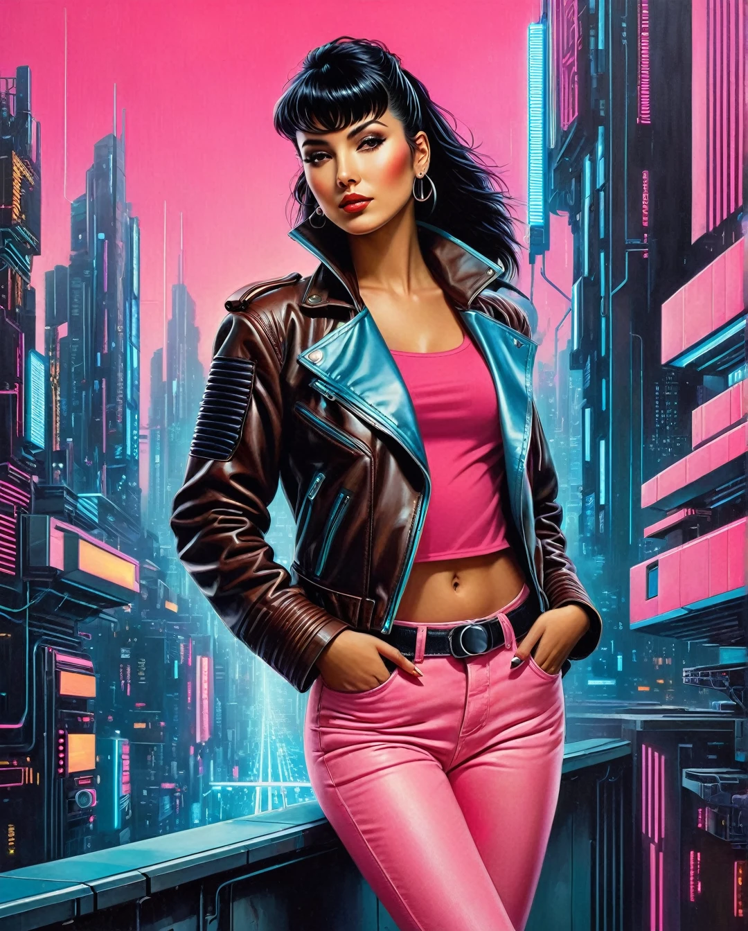 Uma mulher cyberpunk misteriosamente sedutora, seu cabelo preto liso cai em uma cascata elegante emoldurando impressionantes olhos castanhos, acentuado por um conjunto de franjas ousadas. Vestindo uma elegante jaqueta de couro sobre uma camiseta rosa vibrante e jeans azul claro, ela exala um ar de frieza retro-futurista. The 80's cyberpunk background serves as a perfect complement to her edgy aesthetic. Este retrato cativante, seja uma pintura ou fotografia, é rico em detalhes, capturando todas as nuances de seu fascínio enigmático com extraordinária precisão e talento artístico.