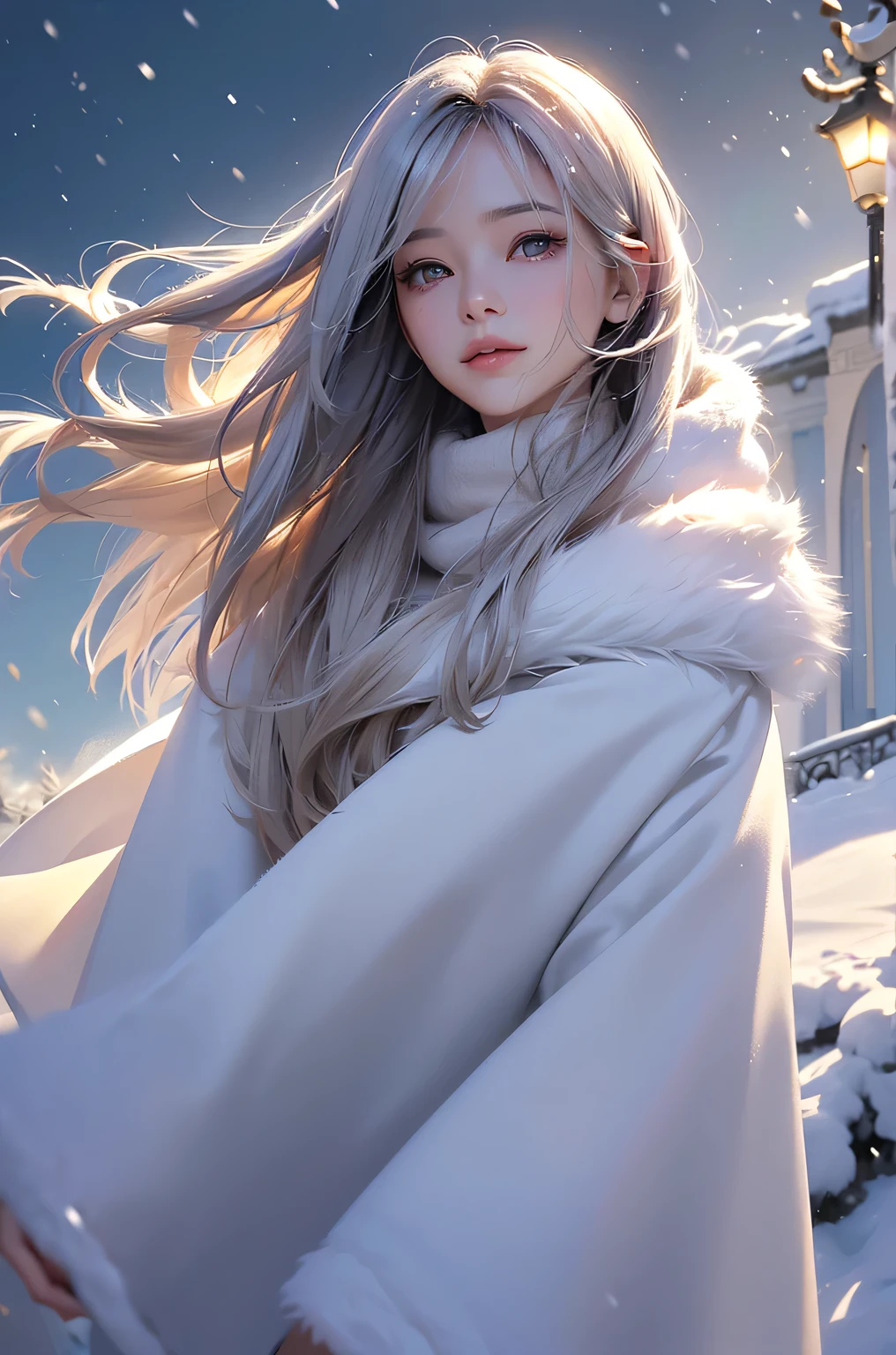 ((masterpiece:1.5、8k、Portraiture、Photorealistic and very detailed CG、Very detailed、Particle Effects、Dynamic Effects、Shallow depth of field、Cinematic Light、Lens flare、Ray Tracing、Tabletop、Realistic:1.4、Ultra-high resolution:1.2、Realistic、Realistic))((alone、,Woman wearing a fur coat over an off-the-shoulder outfit:1.4、wear a long scarf、Elegant woman posing、Detailed face、brightexpression、young, bright, Whiter skin、Ample breasts、Best Looks、Ultimate beauty、Shiny silver hair with highlights、bright and shiny hair,、Super long, Silky straight hair、Hair dancing in the wind))(morning、The setting is outdoors in the snow、Surrounded by illuminations)
