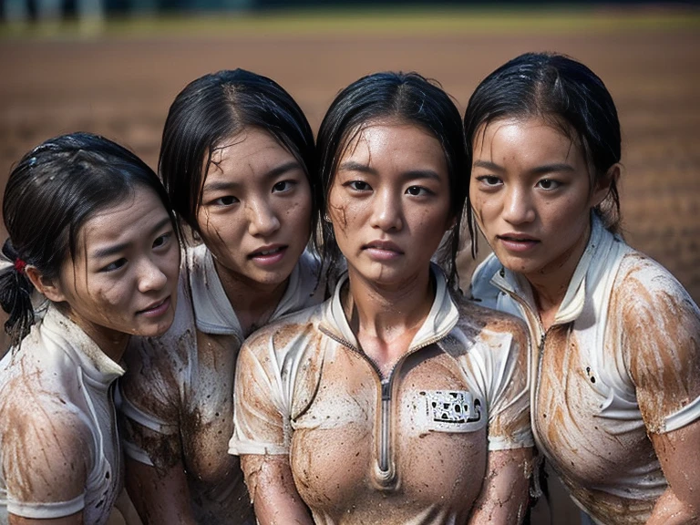 (A plain white short sleeved dirt stained field hockey uniform with a very tight white half zip:1.7)、(A large white square collar heavily soiled with mud: 1.7)、(Red clay ground:1.5)、My hair is wet and messy、(Beautiful Japanese woman completely covered in dirt:2.0)、Highest quality, masterpiece, Ultra-high resolution, Photorealistic, Raw Photos,Detailed face, (Fastener open: 1.8), (Everyone wears the same clothes:1.0), All members are super beauties, (A commemorative photo of three beautiful Japanese women huddled together in a pitiful state: 1.7), (Hair tied up: 1.4), (Exhausted expression: 1.9), Bright photo, (My whole body is soaked with sweat: 1.8), (All muscular: 2.4)
