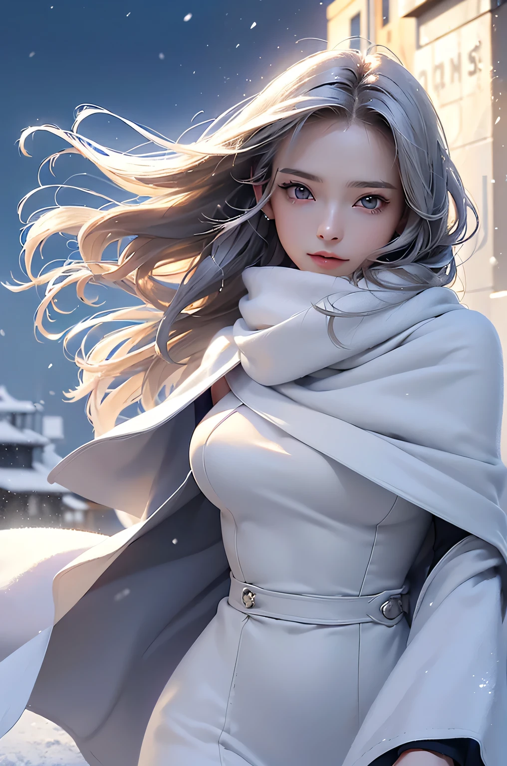 ((masterpiece:1.5、8k、Portraiture、Photorealistic and very detailed CG、Very detailed、Particle Effects、Dynamic Effects、Shallow depth of field、Cinematic Light、Lens flare、Ray Tracing、Tabletop、Realistic:1.4、Ultra-high resolution:1.2、Realistic、Realistic))((alone、,A woman wearing a cashmere coat over an off-the-shoulder dress:1.4、wear a long scarf、Elegant woman posing、Detailed face、brightexpression、young, bright, Whiter skin、Ample breasts、Best Looks、Ultimate beauty、Shiny silver hair with highlights、bright and shiny hair,、Super long, Silky straight hair、Hair dancing in the wind))(morning、The setting is outdoors in the snow、Surrounded by illuminations)
