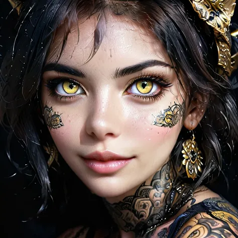 masterpiece, wallpaper, detailed image of yellow feline eyes, feline woman, beautiful face, cat, woman, smile, stare, big eyes, ...