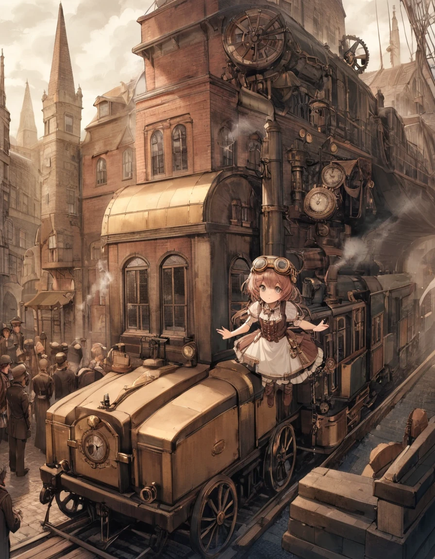 (Face close-up), Steampunk style little princess journey. A little princess rides on a giant steam locomotive. Her dress is adorned with copper and brass ornaments., She has small goggles on her head.. Her eyes sparkle with anticipation of new adventures., And in her hands, She has a map and an old-fashioned compass.. The locomotive emits smoke, The sound of the train whistle echoes as it departs from the station.. People around me々wave goodbye, Celebrating her courage and adventurous spirit. . antique, mechanical, Brass and copper tones, gear, Complex, detailed