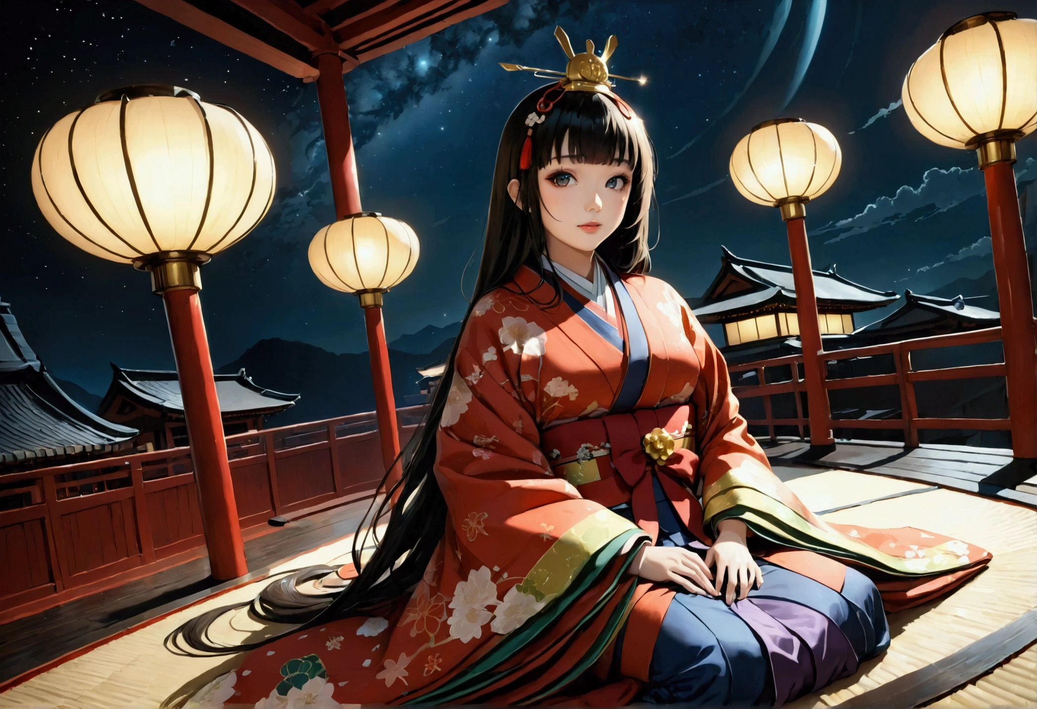 Fashion Model, walk the runway, hinamatsuri ohinasama, (heian red:1.1) japanese clothes, wide sleeves, red (karaginumo:1.1), layered kimono, 1girl, solo, black hair (hime cut:1.2) very long hair spread out, wide shot, cinematic lighting, photorealistic, best quality, high quality, ultra high res, hyper detailed, absurdres, absolutely resolution, detailed details, cinematic landscape, cinematic lighting, (ultra wide angle:1.3), moonlight, starry sky, (walking), beautifully, aesthetic, Walking toward us,