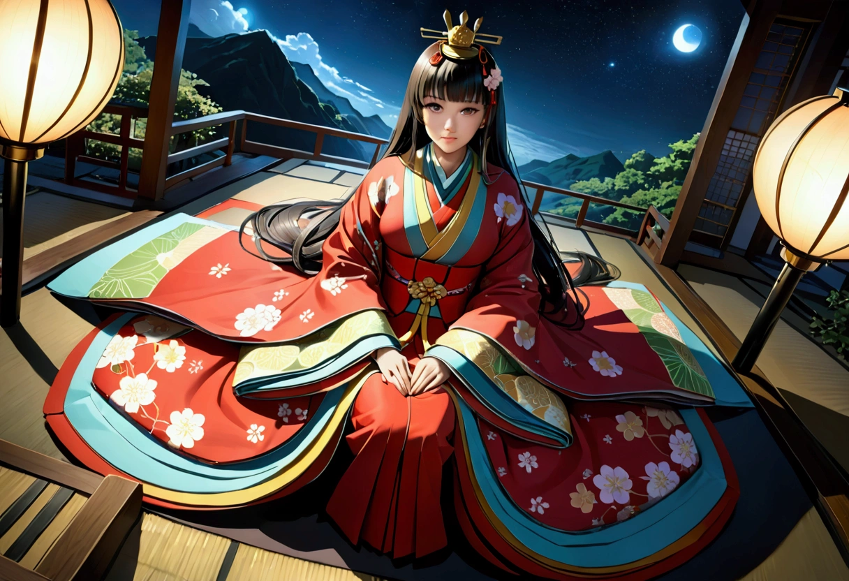 Fashion Model, walk the runway, hinamatsuri ohinasama, (heian red:1.1) japanese clothes, wide sleeves, red (karaginumo:1.1), layered kimono, 1girl, solo, black hair (hime cut:1.2) very long hair spread out, wide shot, cinematic lighting, photorealistic, best quality, high quality, ultra high res, hyper detailed, absurdres, absolutely resolution, detailed details, cinematic landscape, cinematic lighting, (ultra wide angle:1.3), moonlight, starry sky, (walking), beautifully, aesthetic, Walking toward us,