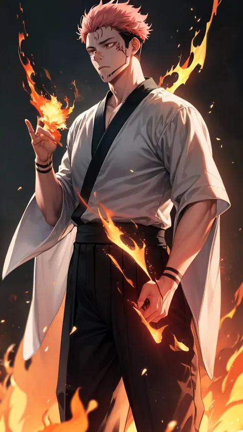 1 man, Ryomen Sukuna, Jujutsu Kaisen, using fire powers on hands, muscules in body, pants hakama white,  pink hair, short hair, ...