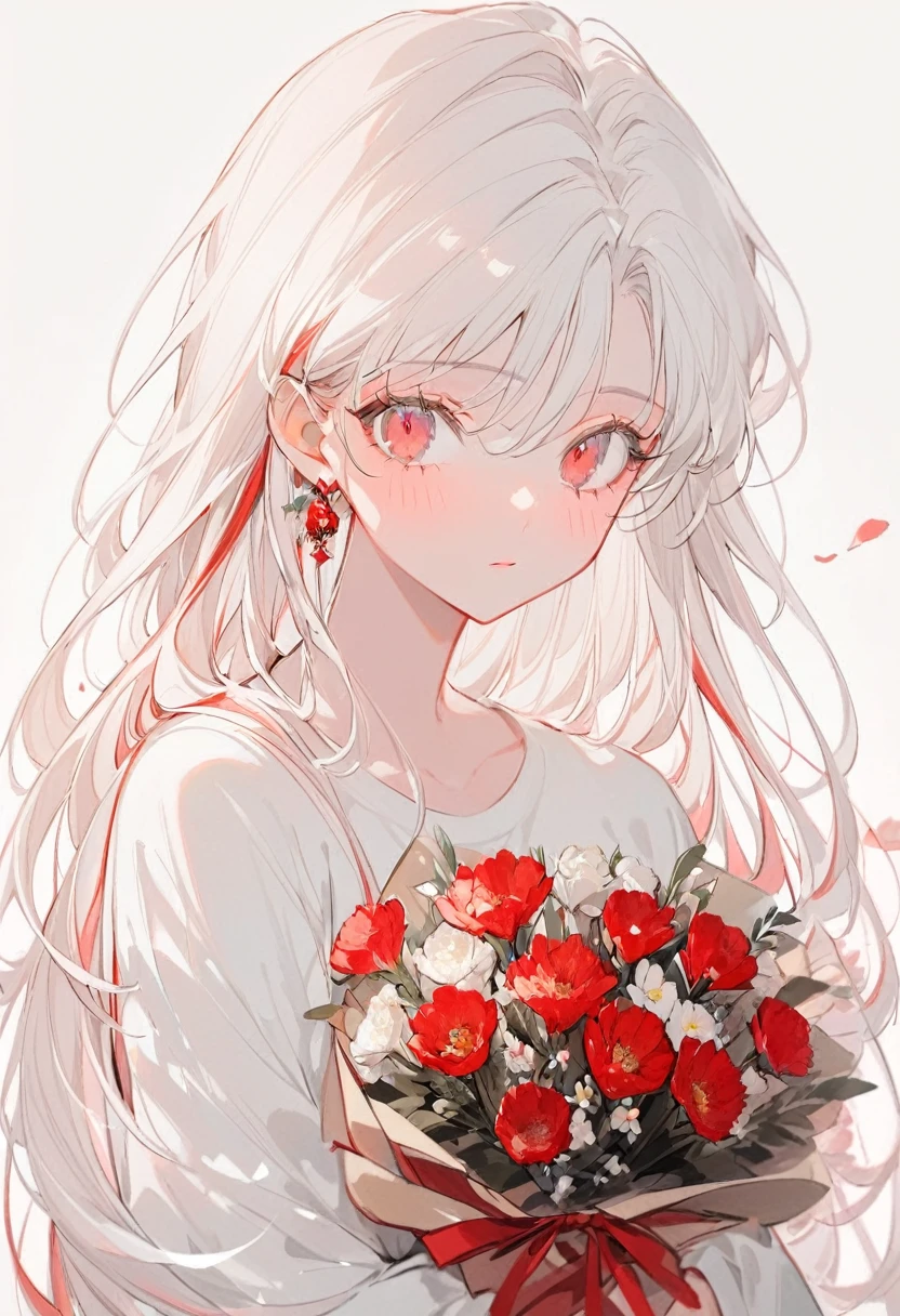 Soft lines、girl、White Hair、Straight Long Hair、((((Hold Light Red Bouquet))))、💐💐💐💐💐💐💐💐💐💐💐、Upper Body、whiteＴshirt、White Background、front、look at me