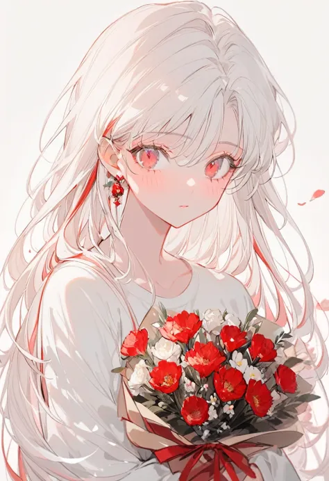 soft lines、girl、white hair、straight long hair、((((hold light red bouquet))))、💐💐💐💐💐💐💐💐💐💐💐、upper body、whiteｔshirt、white background...