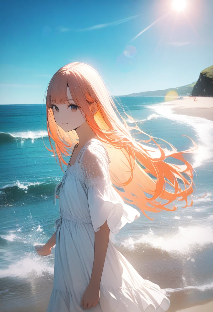 Angelic, One Girl, (Straight Hair,Inner Color), Sharp Hair, Facial Contour, Remember, , At the Beach, splash, Lens flare, noon, bright, Natural Color, High resolution, Very delicate, Very detailed, 8k