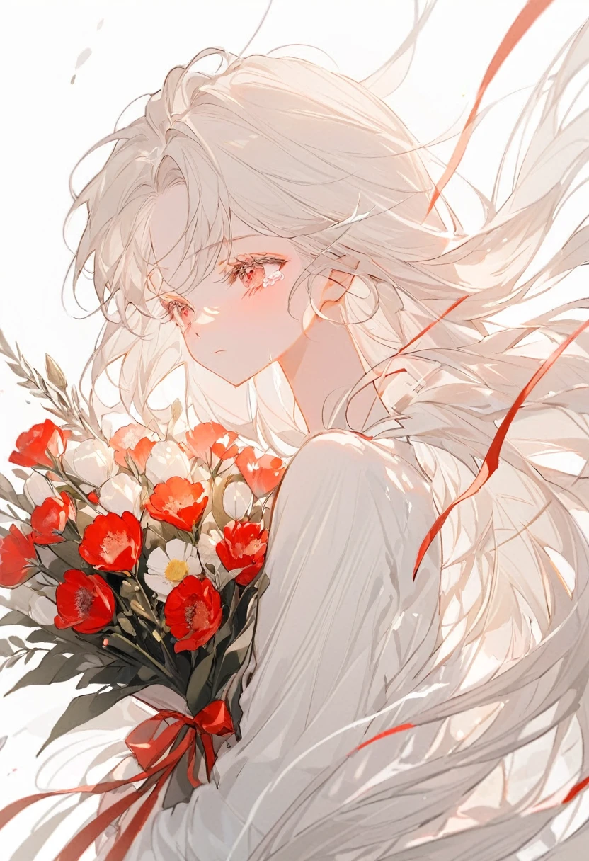 Soft lines、girl、Are crying、Beautiful Tears、White Hair、Straight Long Hair、The wind is blowing、((((Hold Light Red Bouquet))))、💐💐💐💐💐💐💐💐💐💐💐、Upper Body、whiteＴshirt、White Background、front、look at me