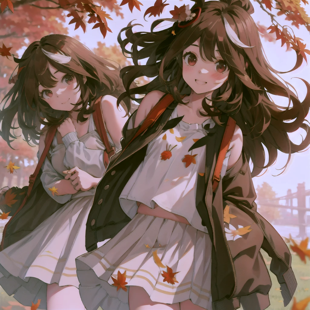 l girl, long brown hair with bangs, round face, big eyes, short white dress exposed ass,smiling, black crossbody bag, skirt blowing in the wind，Autumn, park, golden leaves, woods Panorama, front, thong, thong showing,skirt blown up in the wind, thong exposed, short dress, but in thong, baear butt, thong