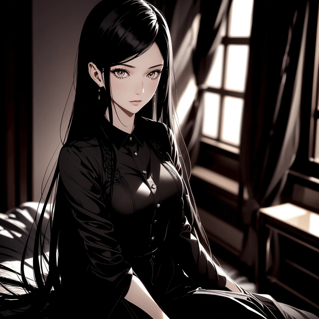 A long black hair girl, wears student uniform, night, sitting on bed, dim bedroom, (elegant), (sexy), (devine), (brilliant), (splendid), tall, (mature), stunning, beautiful, aethereal, (1girl), solo girl, (luxury bedroom), many hearts, shadow, dim light, dark, cinematic, highest quality, extremely detailed, masterpiece, detailed background