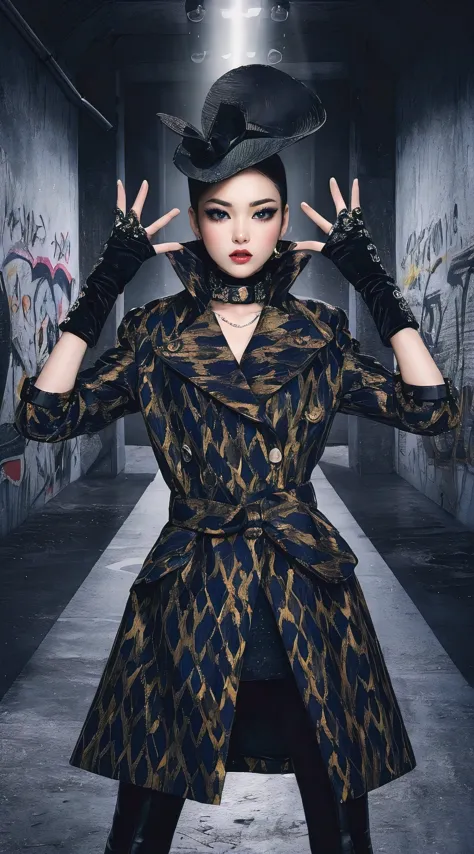 (best quality, ultra-detailed, photorealistic), A striking photorealistic photo of an Asian fashion model, posing in an avant-garde style. She exudes confidence and elegance in her edgy outfit, which includes a bold patterned coat, fingerless gloves, and a dramatic hat. Her makeup is striking and sophisticated, with dark eyeshadow and a bold red lip. The background is a grungy urban setting, with graffiti-covered walls and a runway leading into the distance. The overall atmosphere is fashion-forward and dramatic, reflecting the model's unique sense of style., fashion, photo