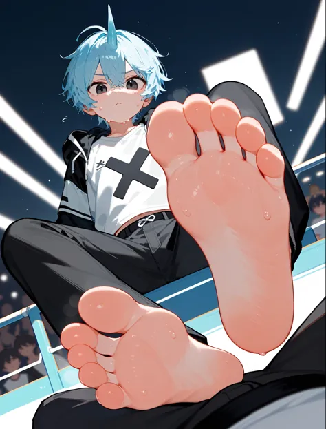 A cute boy showing his stinky feet low angle,barefoot, Foot Focus,White T-shirt,Foot Focus，Sweating on the soles of the feet， Black Hooded Jacket, There are bangs between the eyes,short hair,Light blue hair, Black pants, Anatomically correct, There is a single blue horn in the middle of the head, black eyes, Looking at the audience，Confuse，Sitting on another man&#39;s body，Sitting on his body，Sitting on the audience&#39;s body，Cute boy&#39;s ass sits on another man&#39;s body，Subjective perspective。First Perspective，The boy sits on your body，Sit on your belly，观众要从First Perspective看到自己的身体，Audience members wearing white shirts，