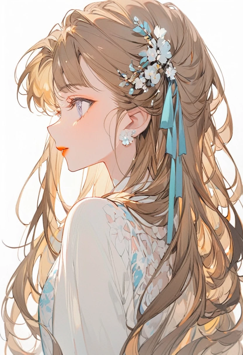 adult、woman、profile、look back、Brown Hair、Long Hair、Close up of upper body、A large light blue ribbon hair ornament、Orange lipstick、Cute white clothes、White background