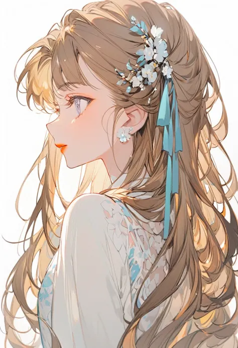 adult、woman、profile、look back、brown hair、long hair、close up of upper body、a large light blue ribbon hair ornament、orange lipstic...