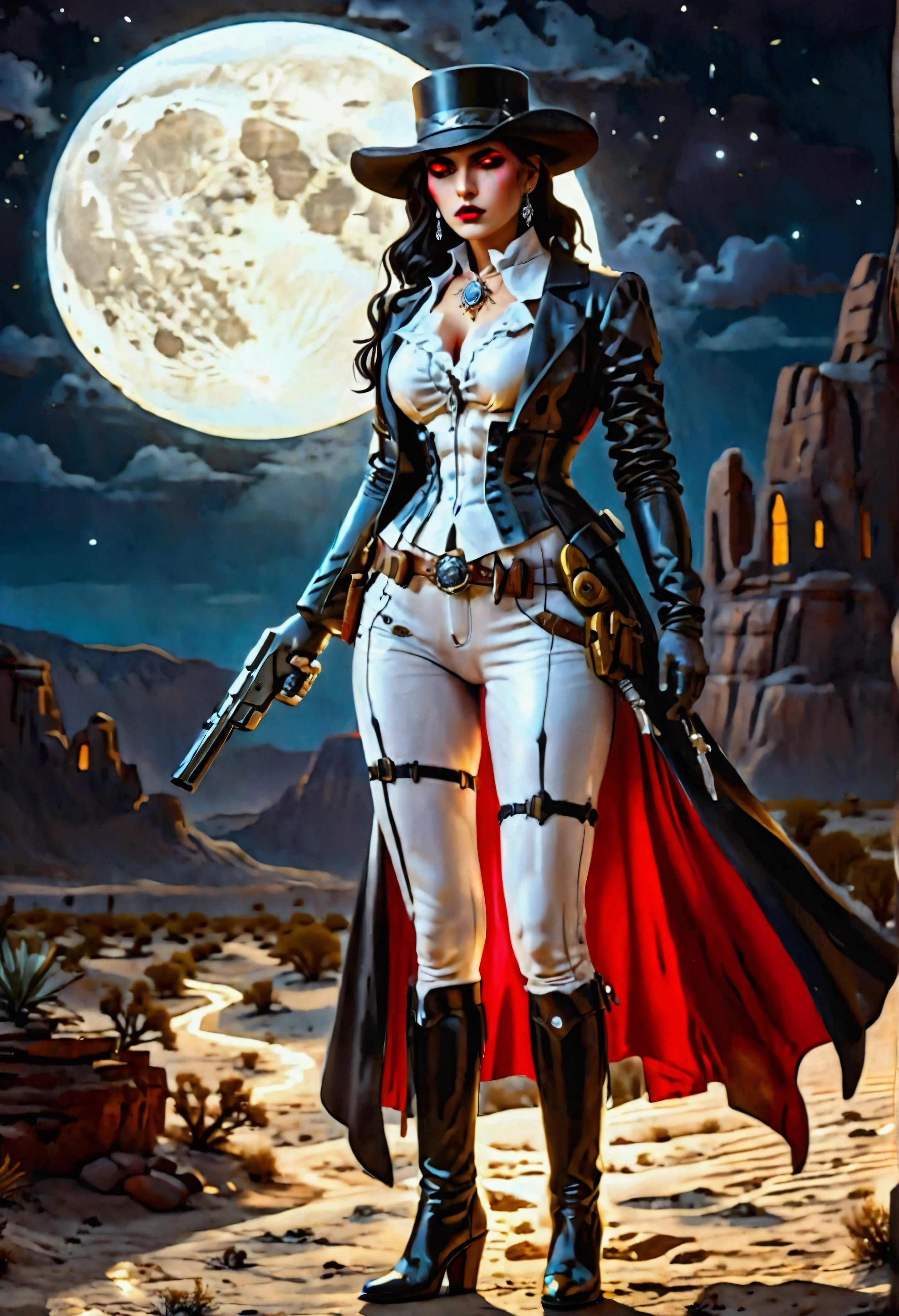 (wild west black and white 19th century photograph style: 1.5) picture of a female vampire cowboy in the desert night, a goth beauty, exquisite beautiful female vampire, ((anatomically correct: 1.5), (ultra detailed face: 1.2), best detailed face, red glowing eyes, full body, busty, wearing white bottom shirt, short skirt, dynamic color. wearing (Gambler Crease hat: 1.2), wearing high heeled boots, wearing open black trench coat, flowing trench coat, (pistol in a holster: 1.1), it is night time in the desert, moon light. moon rays, west America desert canyon background, Hyperrealism style, vibrant, Ultra-high resolution, High Contrast, (masterpiece:1.5), highest quality, Best aesthetics), best details, best quality, highres, ultra wide angle, 16k, [ultra detailed], masterpiece, best quality, (extremely detailed) RAW, chumbasket art style, rpg portrait photograph, BloodSoakedAI