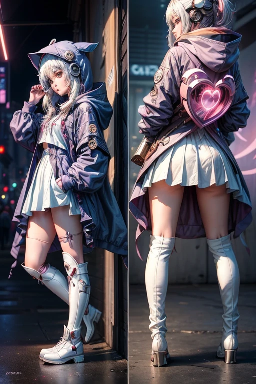 masterpiece、Highest quality、Anime Magical Girl、cyber punk、Cute heart-shaped magic wand、Hooded cloak、Put the headset on your head、アイドルの服なのにcyber punk、White long boots、Pouch on waist、