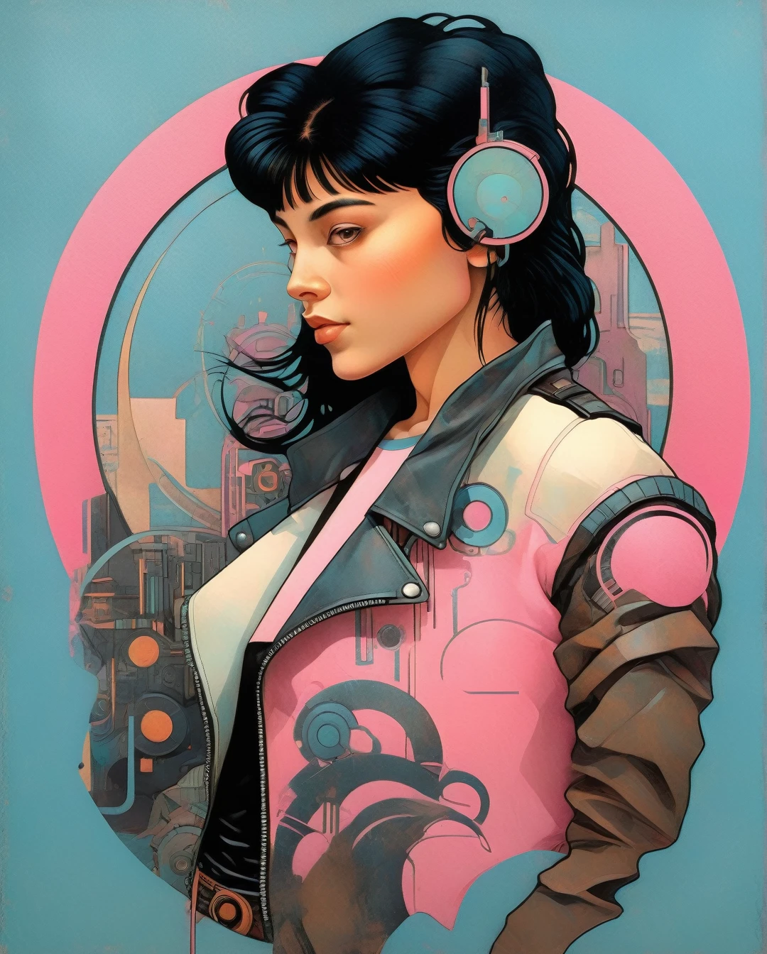 Alphonse Mucha Style - A mysteriously beguiling cyberpunk woman, her smooth black hair falls in a sleek cascade framing striking brown eyes, accentuated by a set of bold bangs. Clad in a stylish leather jacket over a vibrant pink t-shirt and light blue denim jeans, she exudes an air of retro-futuristic coolness. The 80's cyberpunk background serves as a perfect complement to her edgy aesthetic. This captivating portrait, whether a painting or photograph, is rich in detail, capturing every nuance of her enigmatic allure with extraordinary precision and artistry.