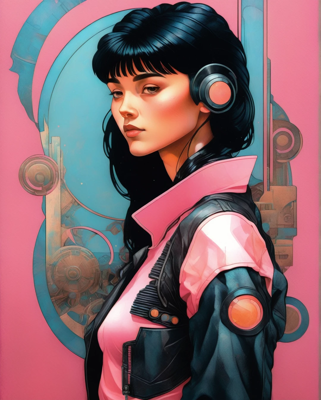 Alphonse Mucha Style - A mysteriously beguiling cyberpunk woman, her smooth black hair falls in a sleek cascade framing striking brown eyes, accentuated by a set of bold bangs. Clad in a stylish leather jacket over a vibrant pink t-shirt and light blue denim jeans, she exudes an air of retro-futuristic coolness. The 80's cyberpunk background serves as a perfect complement to her edgy aesthetic. This captivating portrait, whether a painting or photograph, is rich in detail, capturing every nuance of her enigmatic allure with extraordinary precision and artistry.