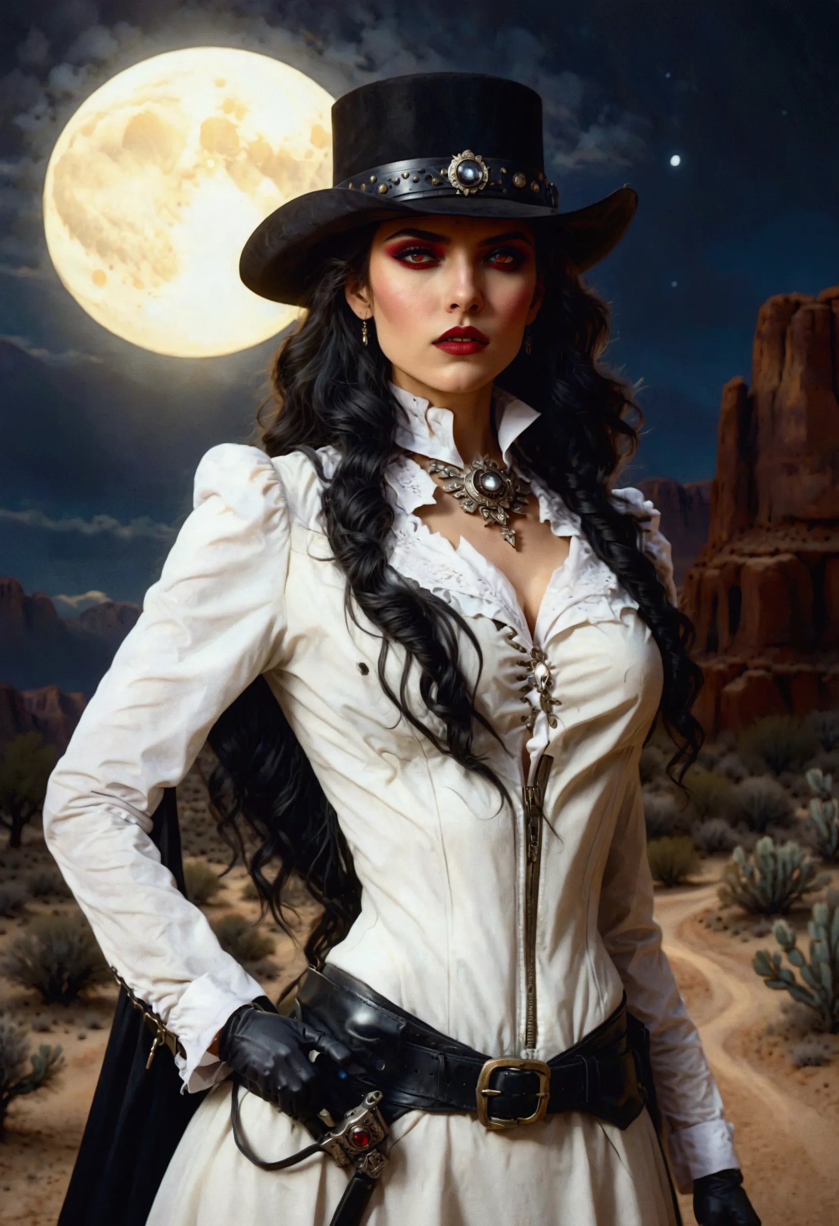 (wild west black and white 19th century photograph style: 1.5) picture of a female vampire cowboy in the desert night, a goth be...