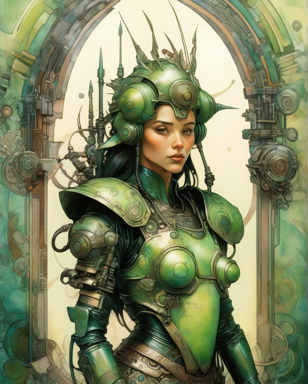 Alphonse Mucha Style - masterpiece, best quality, ultra high resolution, visually stunning, beautiful, award-winning art (abstract art: 1.3), beautiful )))the CYBERPUNK rpg style extremely detailed of a heavy armor mercinaries- greensceen goblin , Watercolor, trending on artstation, sharp focus, studio photo, intricate details, highly detailed, by greg rutkowski ,more detail XL