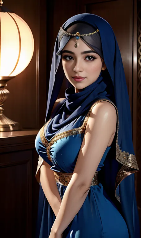 a woman in a blue dress and veil posing for a picture, arabian princess, beautiful arab woman, arabian beauty, arab princess, ar...