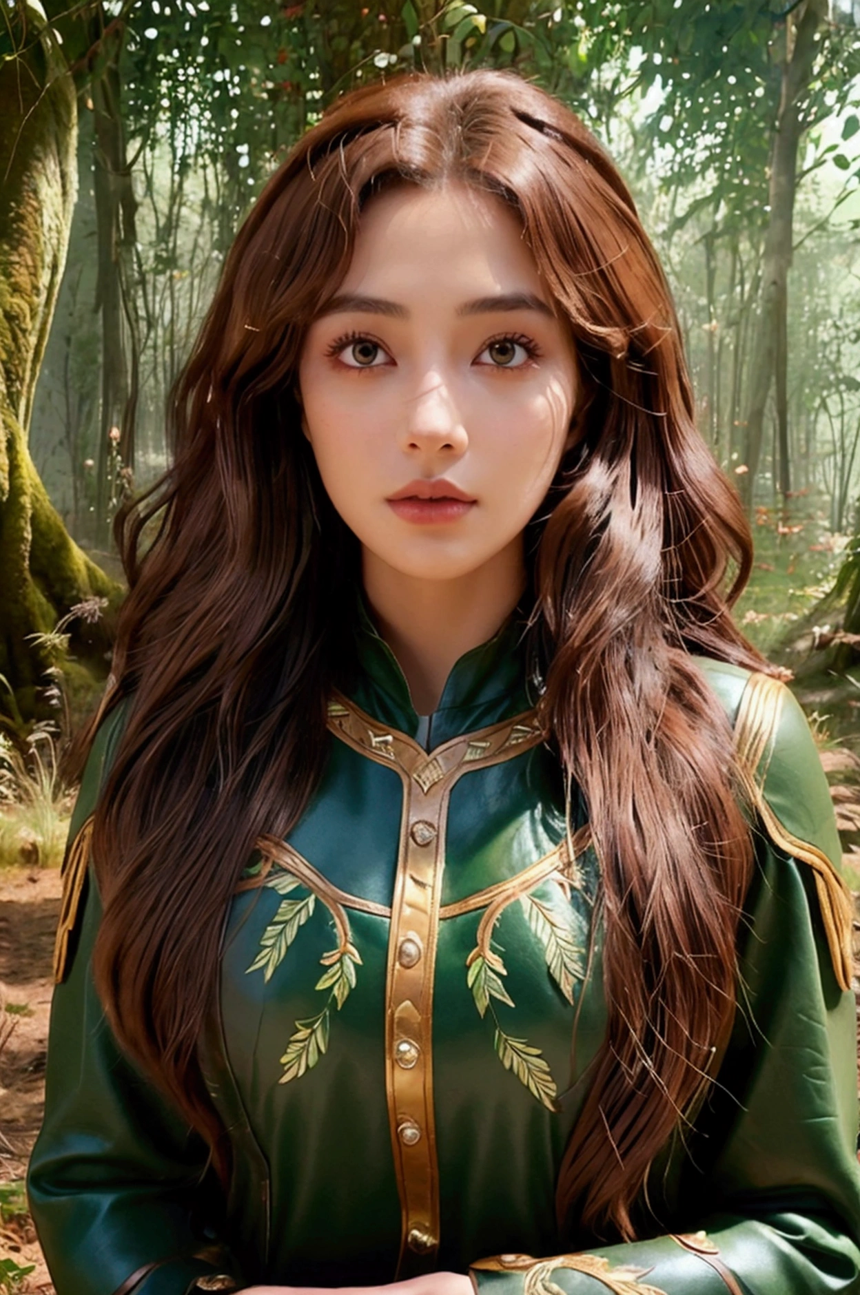 dark skin, Detail of beautiful young woman, red gold brown hair, Long-term, Curly and messy hair, Detailed perfect green eyes, Exquisite, symmetrical and realistic face shape, (Magical forest background),  Ranger Costume Leather Armor, Fairy, Wildflowers blended into hair, whole body, masterpiece, Ridiculous,fine details, colorful, dramatic lighting, Very detailed, movie lighting