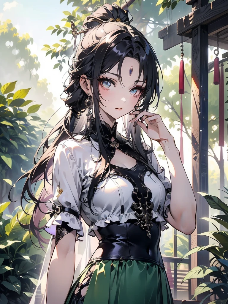 {{{masterpiece}}}, {{{best quality}}}, {{Extremely detailed}}, {light}, {illustration}, {Beautiful and delicate eyes}, {1 Girl}, Extremely detailed, 1 Girl, Solitary,, Black hair tied into a long ponytail, Wear a graceful figure, For the audience, outdoor, Woodland Background, Very detailed face and clothing, Slightly narrowed eyes, Perfect face, White skin, Hair bangs, Long hair, Noble and beautiful, Surreal 8K, CG, Flawless, Seductive expression, Intricate details, 22-year-old girl wearing chiffon Chinese long skirt, Best quality, Realistic photos,Light green dress, beautiful hairpins and jewelry hanging in the hair