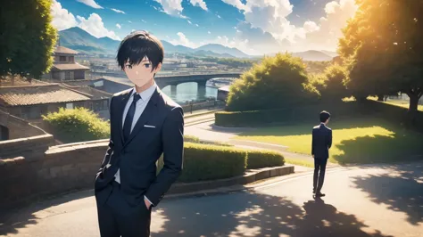 Guts pose　Under the blue sky　smile　The whole body is visible　high quality　office Street　suit　Young Man