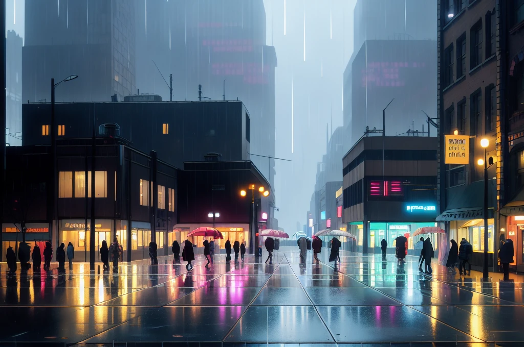 painting of a city street with cars and people walking on the sidewalk, rainy night city street, futuristic city street, beautiful cityscape, rainy urban streets, rainy city at night, city at night in the rain, rainy street, street city night, fantasy cityscape, beautiful oil matte painting, concept art oil painting, oil on canvas. cinematic, rainy cyberpunk city