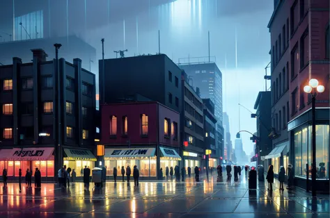 painting of a city street with cars and people walking on the sidewalk, rainy night city street, futuristic city street, beautif...