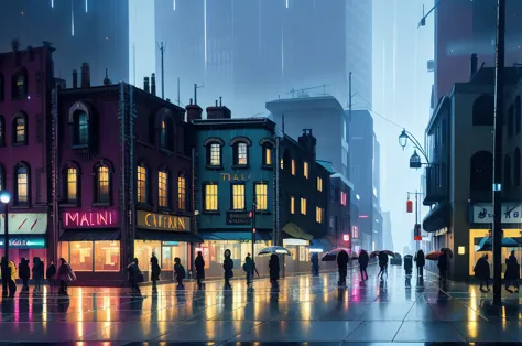 painting of a city street with cars and people walking on the sidewalk, rainy night city street, futuristic city street, beautif...