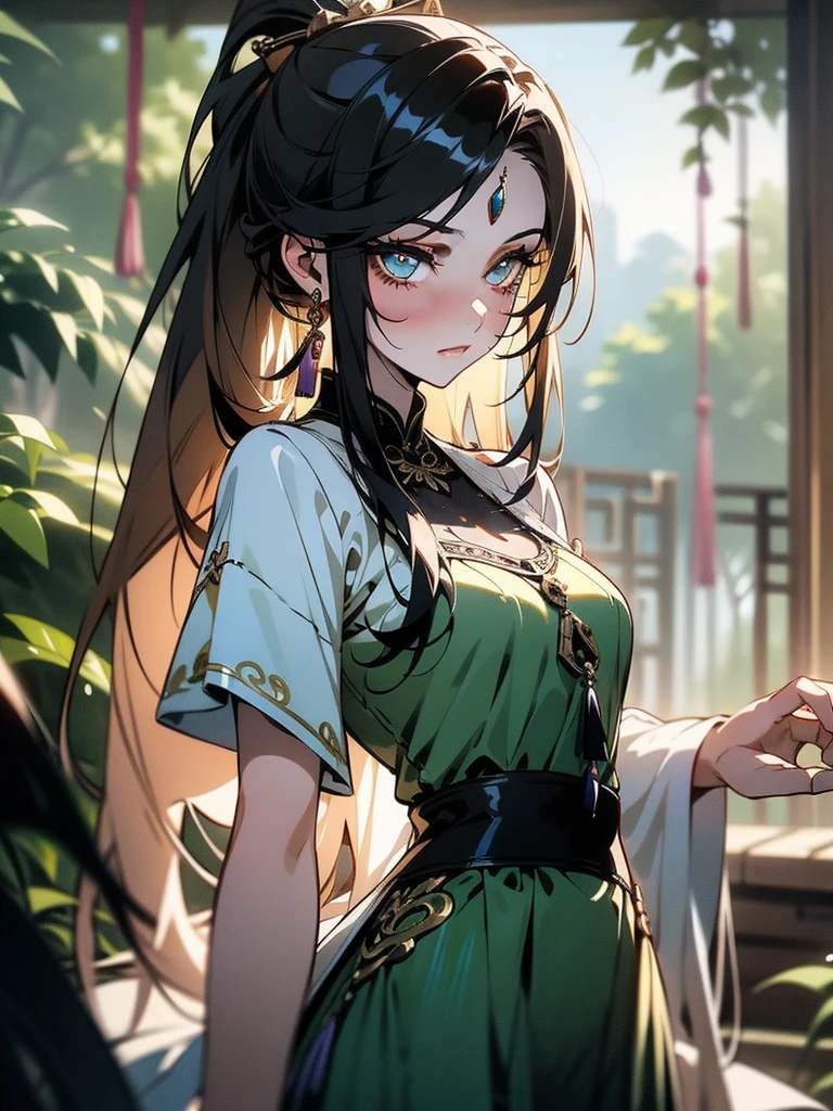 {{{masterpiece}}}, {{{best quality}}}, {{Extremely detailed}}, {light}, {illustration}, {Beautiful and delicate eyes}, {1 Girl}, Extremely detailed, 1 Girl, Solitary,, Black hair tied into a long ponytail, Wear a graceful figure, For the audience, outdoor, Woodland Background, Very detailed face and clothing, Slightly narrowed eyes, Perfect face, White skin, Hair bangs, Long hair, Noble and beautiful, Surreal 8K, CG, Flawless, Seductive expression, Intricate details, 22-year-old girl wearing chiffon Chinese long skirt, Best quality, Realistic photos,Light green dress, beautiful hairpins and jewelry hanging in the hair