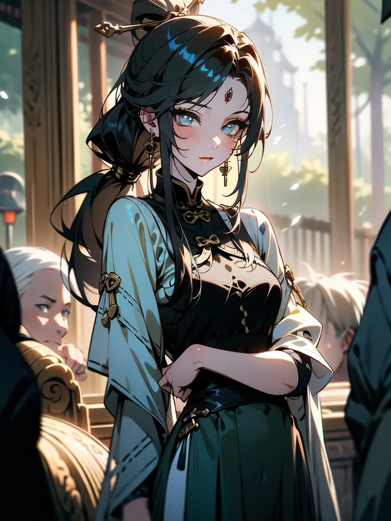 {{{masterpiece}}}, {{{best quality}}}, {{Extremely detailed}}, {light}, {illustration}, {Beautiful and delicate eyes}, {1 Girl}, Extremely detailed, 1 Girl, Solitary,, Black hair tied into a long ponytail, Wear a graceful figure, For the audience, outdoor, Woodland Background, Very detailed face and clothing, Slightly narrowed eyes, Perfect face, White skin, Hair bangs, Long hair, Noble and beautiful, Surreal 8K, CG, Flawless, Seductive expression, Intricate details, 22-year-old girl wearing chiffon Chinese long skirt, Best quality, Realistic photos,Light green dress, beautiful hairpins and jewelry hanging in the hair