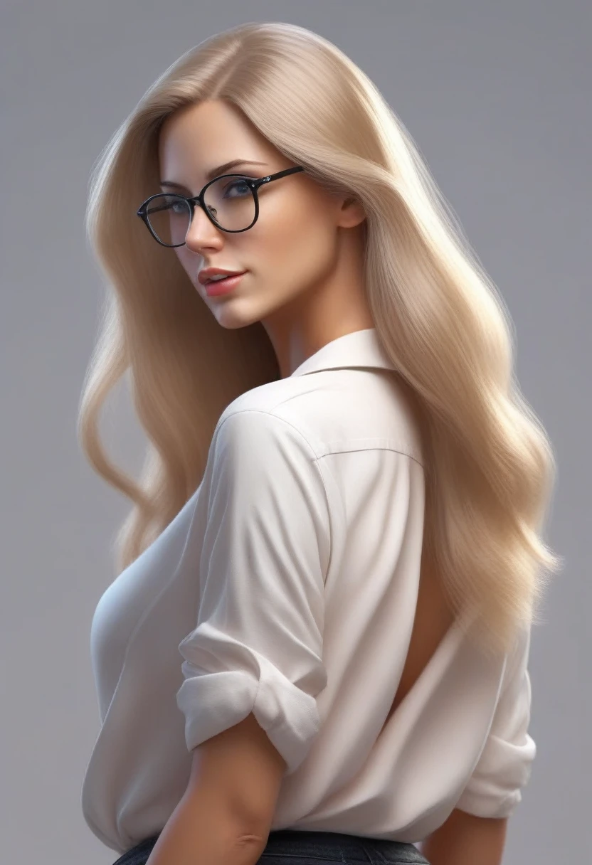 rear view of a expression-less  blonde statuesque women with loose shirt and glasses, long straight hair, short-shots in sensual and flirtatious attitude, ultra realistic scene, amazing shapely body in high definition, very detailed with soft highlights accentuating her beautiful curves, high-quality lighting that enhances photorealism.