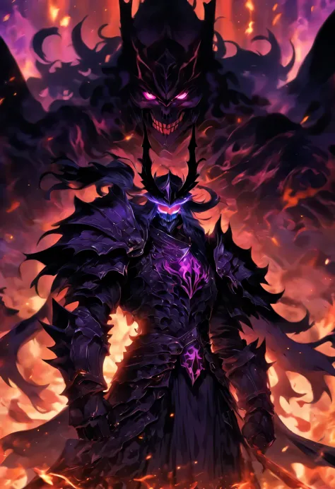Anime male character with long black hair and white eyes, character album cover, full art,fantasy characters, full art illustration, full portrait of elementalist, character art, Official character art, Official character illustrations, merlin, Very detailed official artwork, Game buttons, ounce, mobile game art, Mean face, Spiked Dark Armor, Walking posture, Purple flame, There is a huge gate to purgatory in the background,hades,Pitch-black armor,Skull-carved vambraces,Black armor,Lord of Hell,Knight heavy armor,face covering helmet
