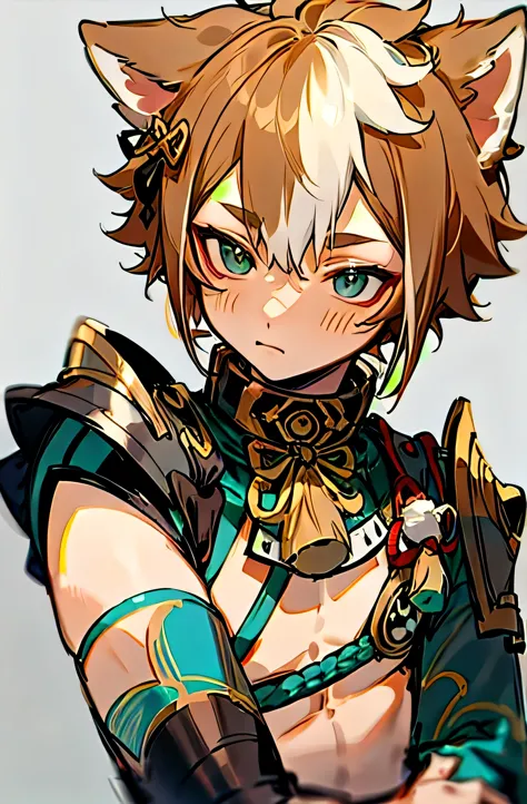 masterpiece, best quality,Goro (Genshin Impact),little boy, 1 boy, Male focus, Animal ears, Solitary, Colorful hair, Brown hair, Dog Boy, White hair, tassel, Dog ears, armor, Striped hair, Bangs,  (Gray background:1.4),(knowledge base:0.6)