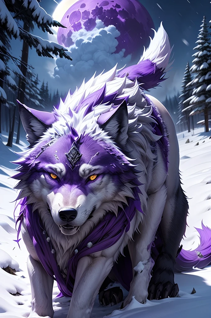 lobo na neve com lua cheia ao fundo, grande lobo, ((lobo roxo)), diga lobo, foto do lobo, Lobo em um campo de neve, Lobo solitário, fenrir, lobo roxo with yellow eyes, obra de arte, estilo anime, ((pelo roxo))