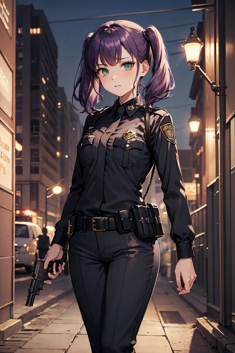 ((masterpiece)), ((best quality)), ((highres)), 1girl, solo, police officer, (matching pants, slacks), city backdrop, (holding and aiming pistol, detailed pistol, glock 22, trigger discipline), standing, medium hair, (purple hair, twintails), (green eyes),