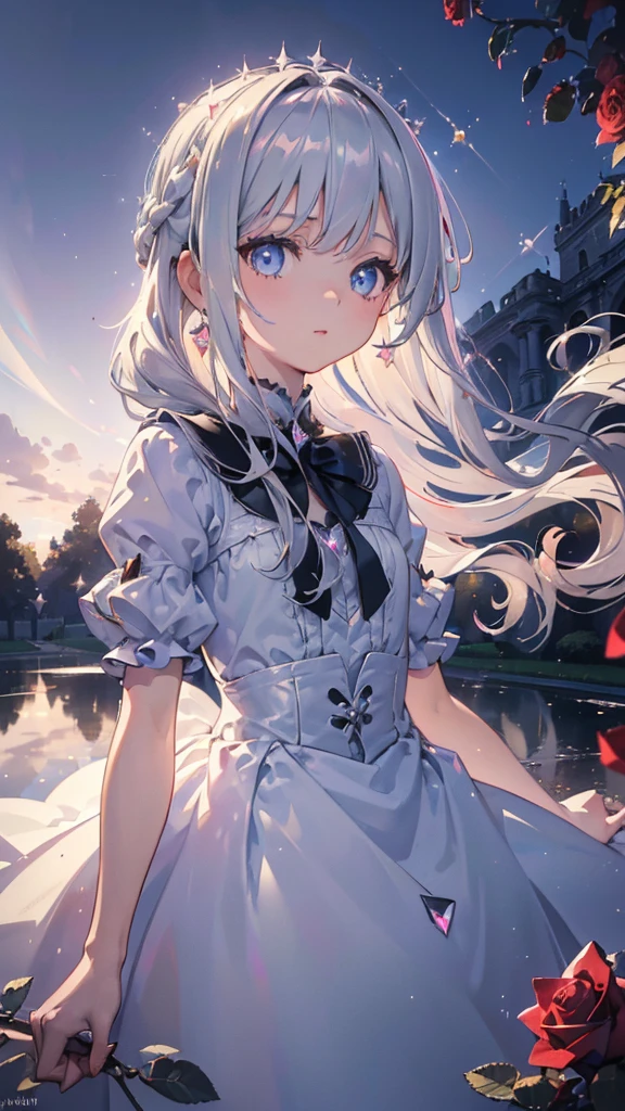 (masterpiece:1.5), ultra quality, 8K, high resolution, super fine illustration, depth of field,
perfect anatomy, 
(1girl), solo, delicate beauty girl, (10years_old girl), silver hair, extreme long hair, bangs, french braid, (floating hair:1.2),
(fine detailed eyes), blue eyes,
beautiful face, small bast, slender, (loli:1.5), 
(from diagonal front), (cowboy shot), (looking at viewer),
(princess dress), (white dress), (rose embroidery), (revealing clothes:1.2), 
parted lips, jewelry, earrings, 
(rose garden:1.4), castle, daylight, lens flare, 
(cinematic lighting:1.2), (cinematic shadow:1.3), 
(Prismatic light:1.2), (sparkling light:1.2), 
(beautiful reflection:1.3), (prismatic reflection:1.4),
(tyndall effect:1.5), 
(sense of depth:1.2),