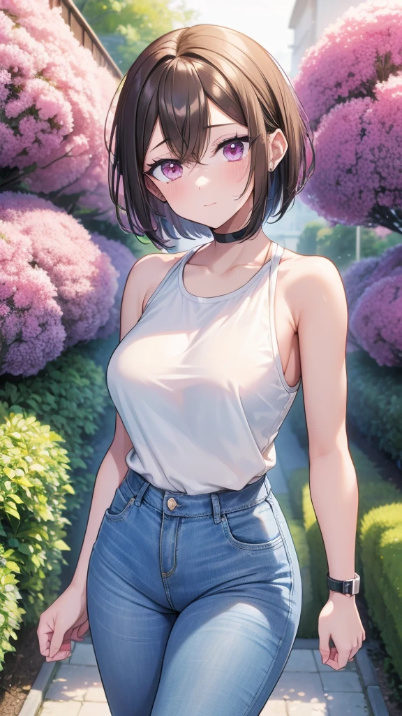 A 30 year old anime woman, short hair, pink eyes, medium chest, athletic body, dressed in a small light blue blouse showing her shoulders, blue jeans, posing in a garden of plants